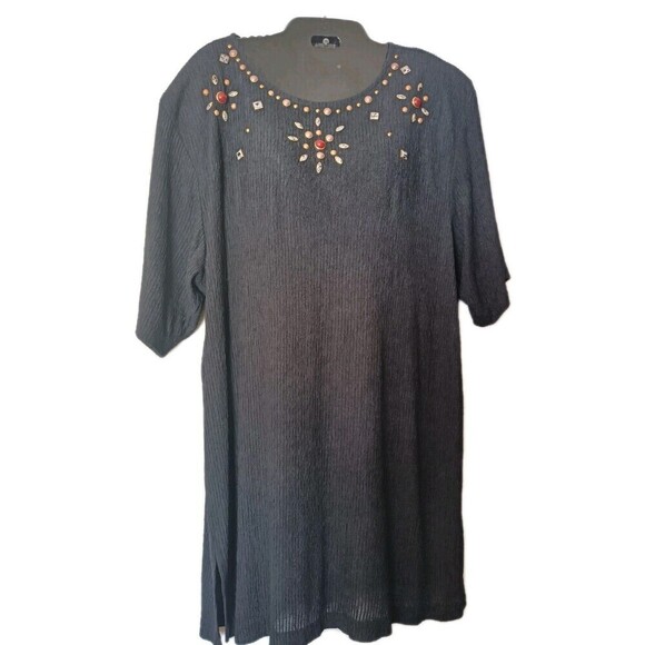 Grove Avenue Crinkled Tunic Top Size 20W Black Beaded Jeweled Stones Vintage USA - Picture 1 of 10